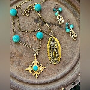 Fall Artisan Spiritual Rosary Gold Cross, Vintage Pearl Rings Turquoise Asst.